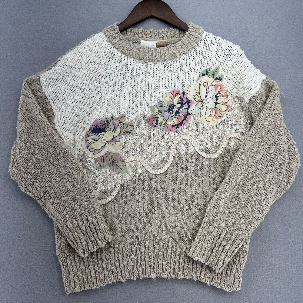 VTG 90s Needles and Yarn Sweater Women's M Floral Grannycore‎ Cottagecore Pearl